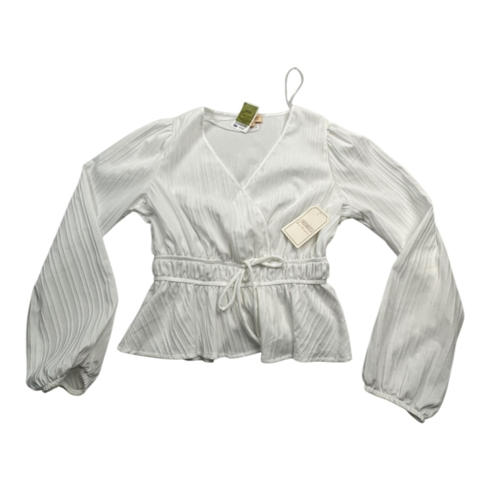London Rose White Textured Wrap Peplum Blouse Long‎ Sleeve Size M
